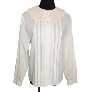 Vintage 80s Lace Collar Sailor Button Up Shirt Baby Doll Tuxedo Cream Womens 10